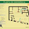 Planta de emergência horizontal de piso, com legendas e instruções gerais de segurança (verticais) em português e inglês