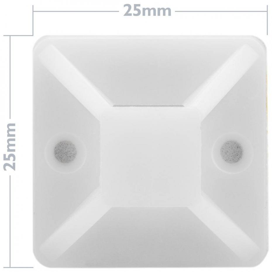 Pack 100 bases autoadesivas brancas  de  25x25mm para abraçadeiras de 6,2mm