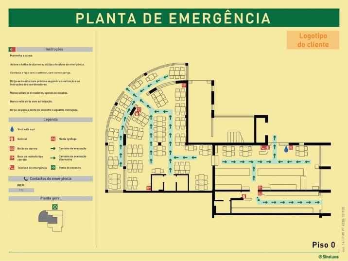 Planta de emergência horizontal de piso, com legenda e instruções gerais de segurança (verticais) em português