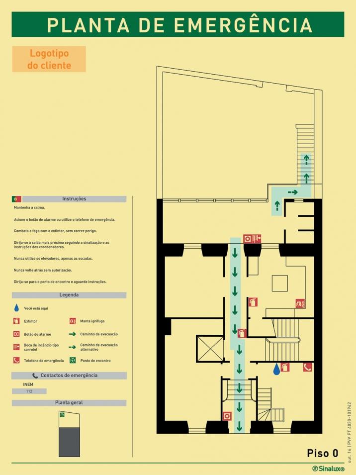 Planta de emergência vertical de piso, com legendas e instruções gerais de segurança (verticais) em português